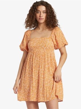Billabong Lil Dreamer Dress Mini Babydoll Orange Floral Puff Sleeve M Medium